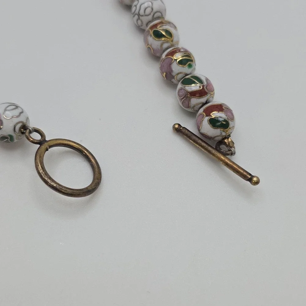 Vtg Authentic Chinese Cloisonné Bracelet Bead White Green‎ Enamel Floral 8